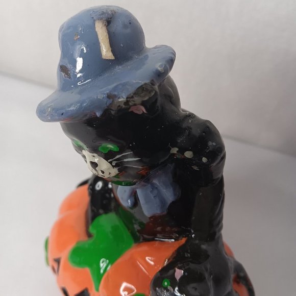 Vintage 1980s Halloween Wax Candles 2 Kitschy Pumpkins Black Cat Bat Decor - Picture 11 of 16